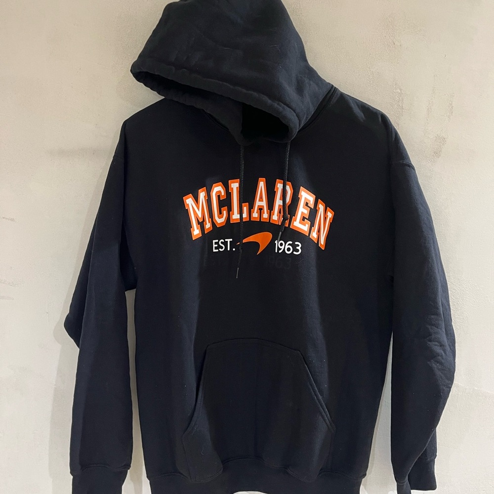 MCLAREN • unisex black & orange hoodie size M